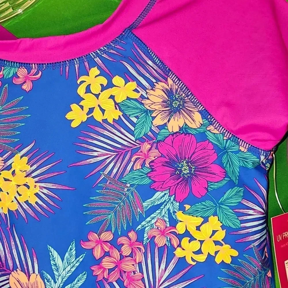 NWT So Girls Purple Blue Floral Long Sleeve Surf Island Rashie Swimsuit 14‎